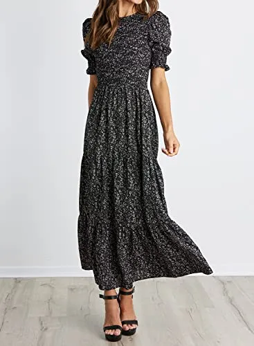 BTFBM Women Casual Summer Dresses 2023 Spring Crew Neck Ruffle Short Sleeve Floral Leopard Smocked Boho Flowy Maxi Dress(Floral Black White, Medium)