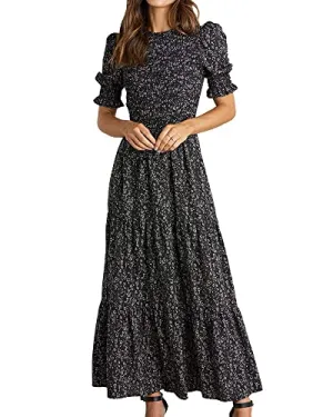 BTFBM Women Casual Summer Dresses 2023 Spring Crew Neck Ruffle Short Sleeve Floral Leopard Smocked Boho Flowy Maxi Dress(Floral Black White, Medium)