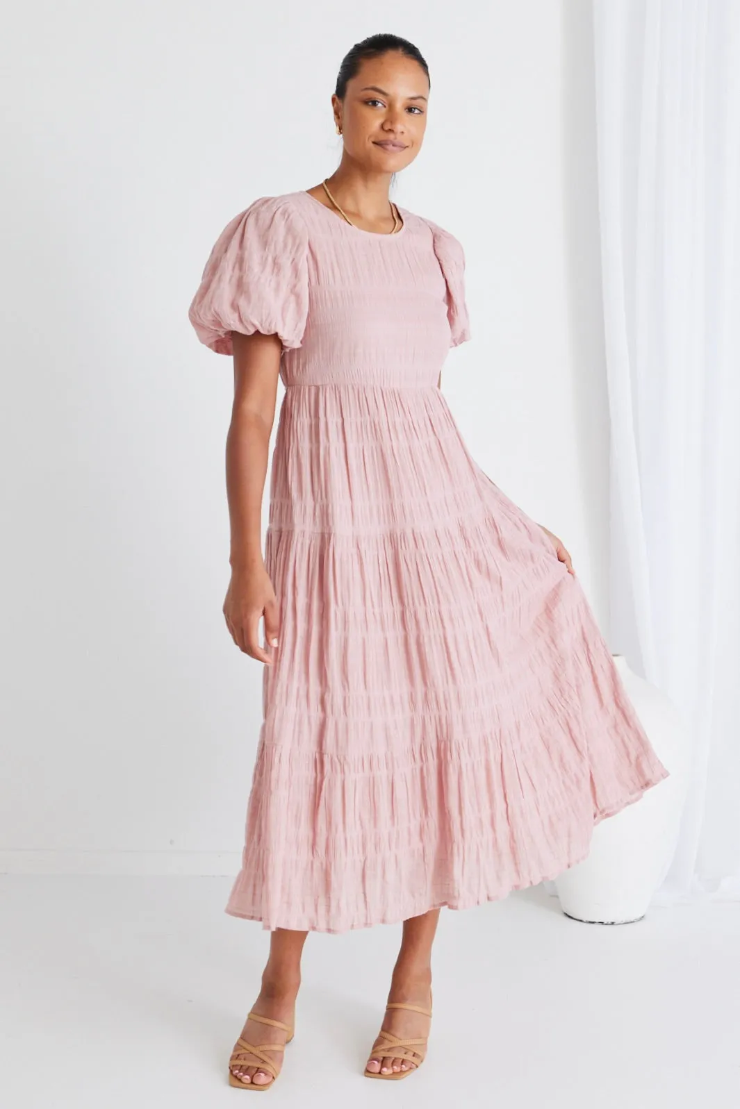 Graceful Blush Shirred Cotton Bubble Sleeve Tiered Maxi Dress