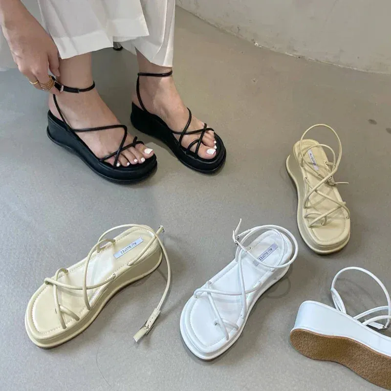 Hnzxzm 2024 New Summer Design Open Toe Women Sandals Narrow Band Dress Shoes Platform Wedges Heel Ladies Ankle Strap Gladiator Sandals