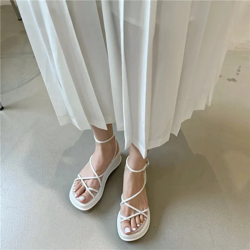 Hnzxzm 2024 New Summer Design Open Toe Women Sandals Narrow Band Dress Shoes Platform Wedges Heel Ladies Ankle Strap Gladiator Sandals