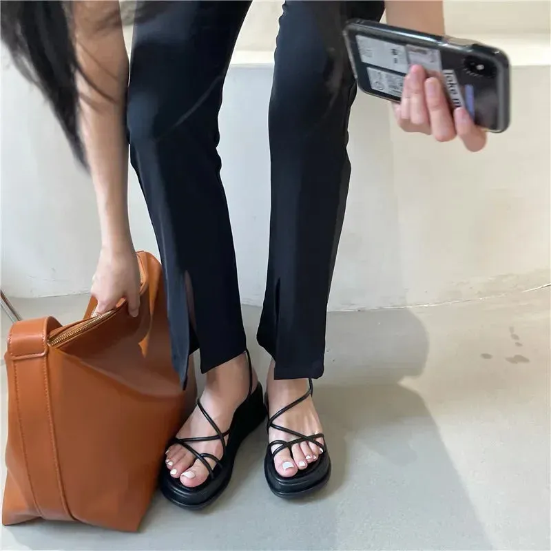 Hnzxzm 2024 New Summer Design Open Toe Women Sandals Narrow Band Dress Shoes Platform Wedges Heel Ladies Ankle Strap Gladiator Sandals