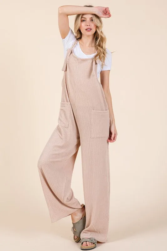 Knot Straps Wide Leg Ribbed Overalls with Pockets