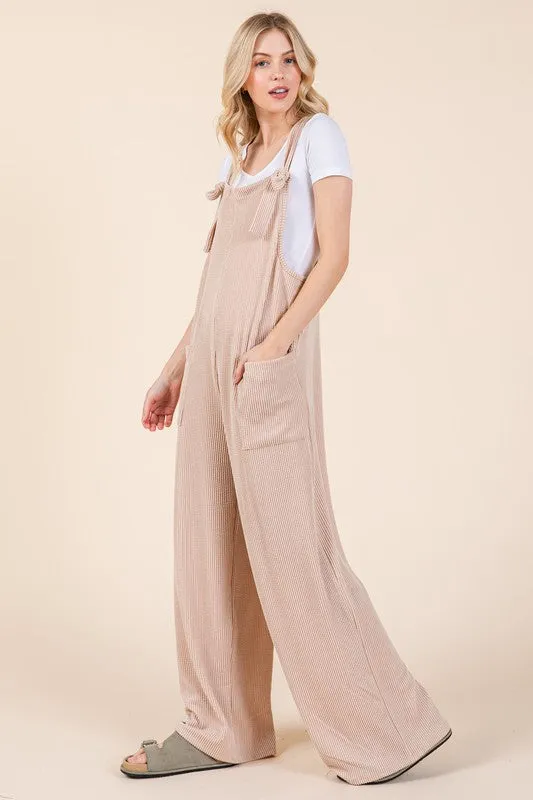 Knot Straps Wide Leg Ribbed Overalls with Pockets