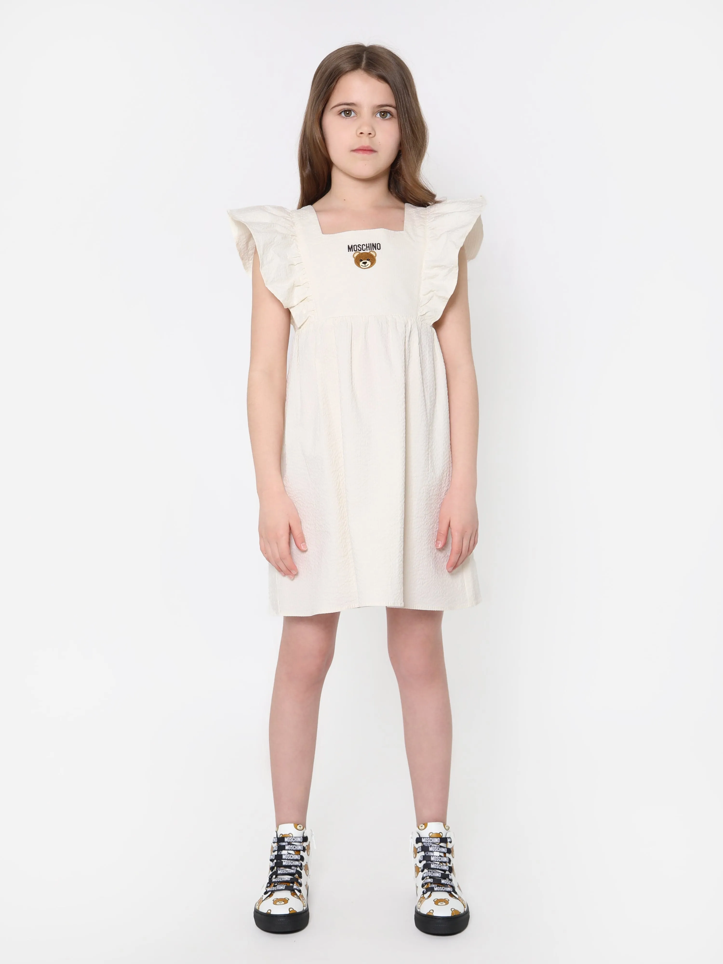 Moschino Girls Teddy Ruffle Sleeve Dress in White