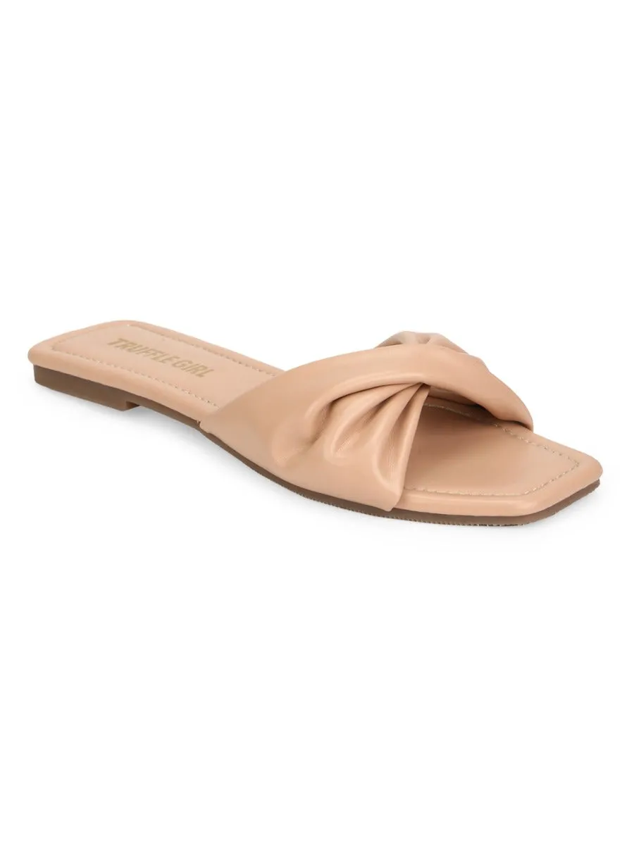 Nude PU Twisted Strap Slip Ons