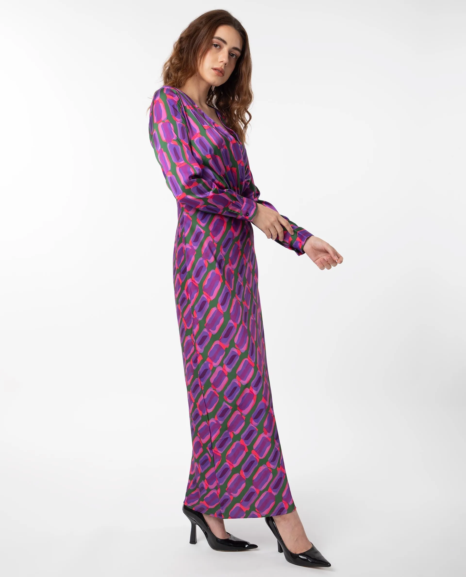 Rareism Women Kenra Purple Polyester Fabric Full Sleeves Relaxed Fit Geometric Print Maxi A-Line Dress