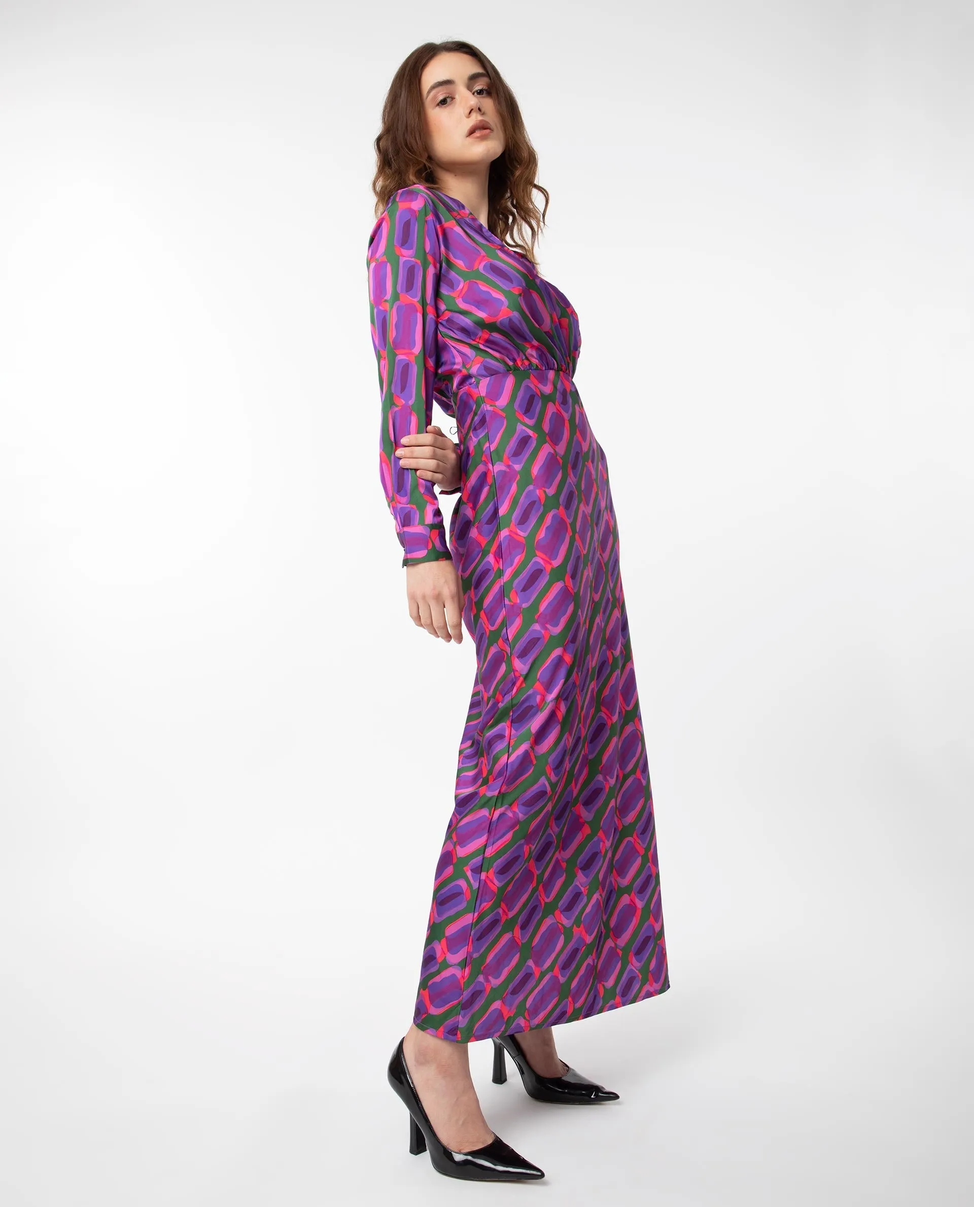 Rareism Women Kenra Purple Polyester Fabric Full Sleeves Relaxed Fit Geometric Print Maxi A-Line Dress