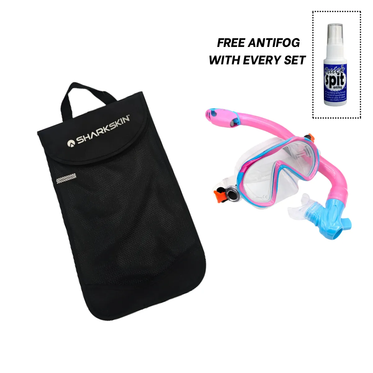 Sharkskin Junior Mask & Dry Snorkel Set With Mesh Bag   Free Anti-fog