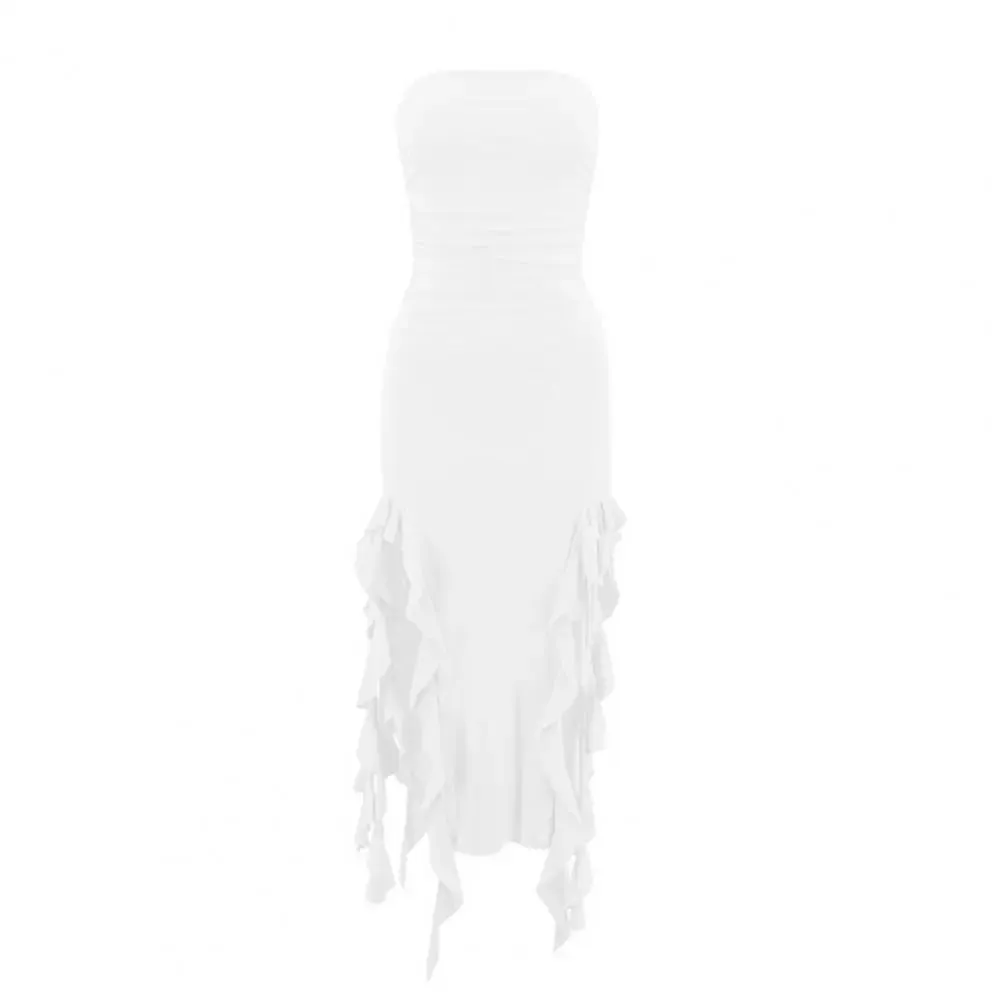 Slim Fit Pleated Dress Elegant Strapless off Shoulder Midi Dress with Ruffles Split Hem for Summer Beach Parties Slim for Women