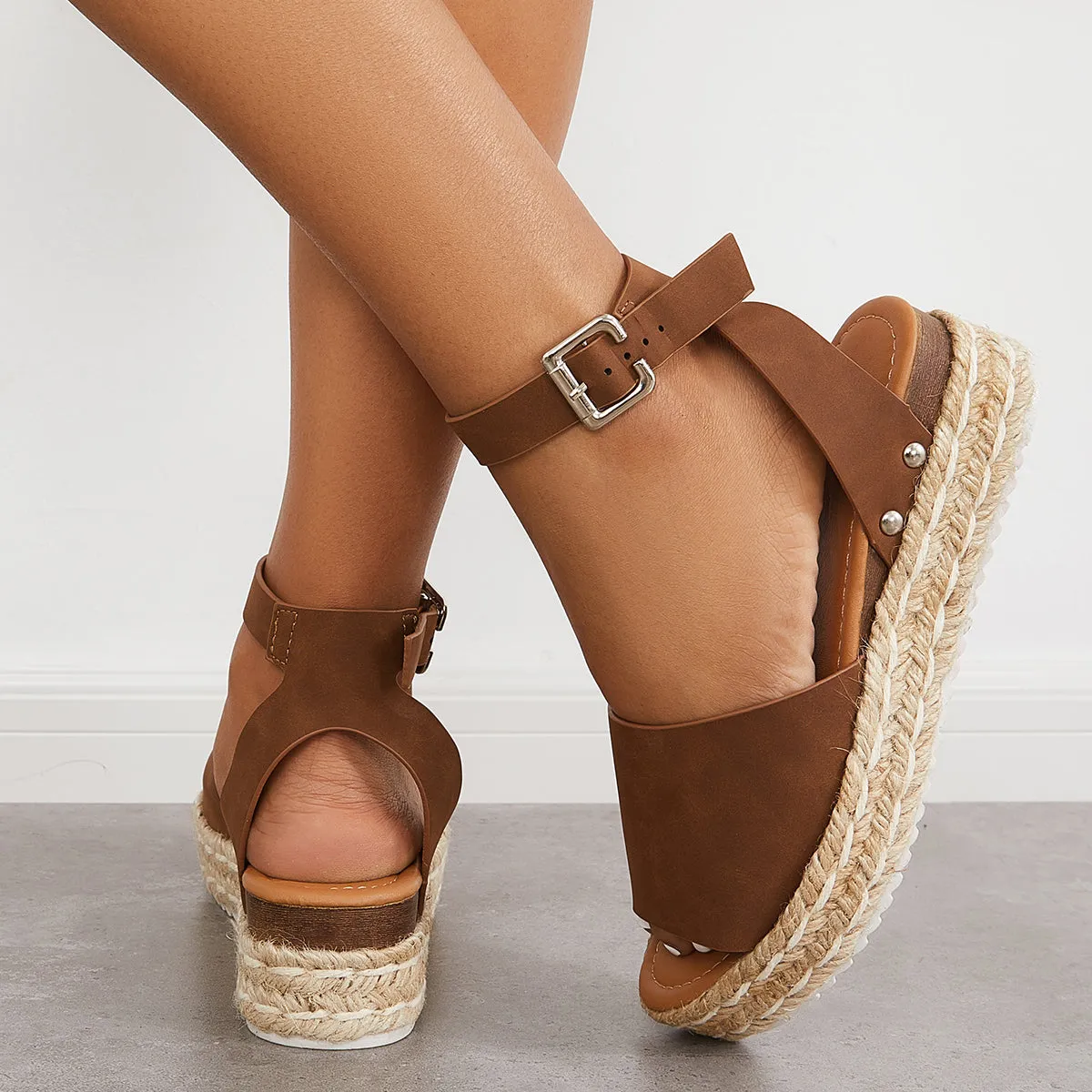 Sohiwoo Peep Toe Espadrille Platform Wedges Ankle Strap Sandals