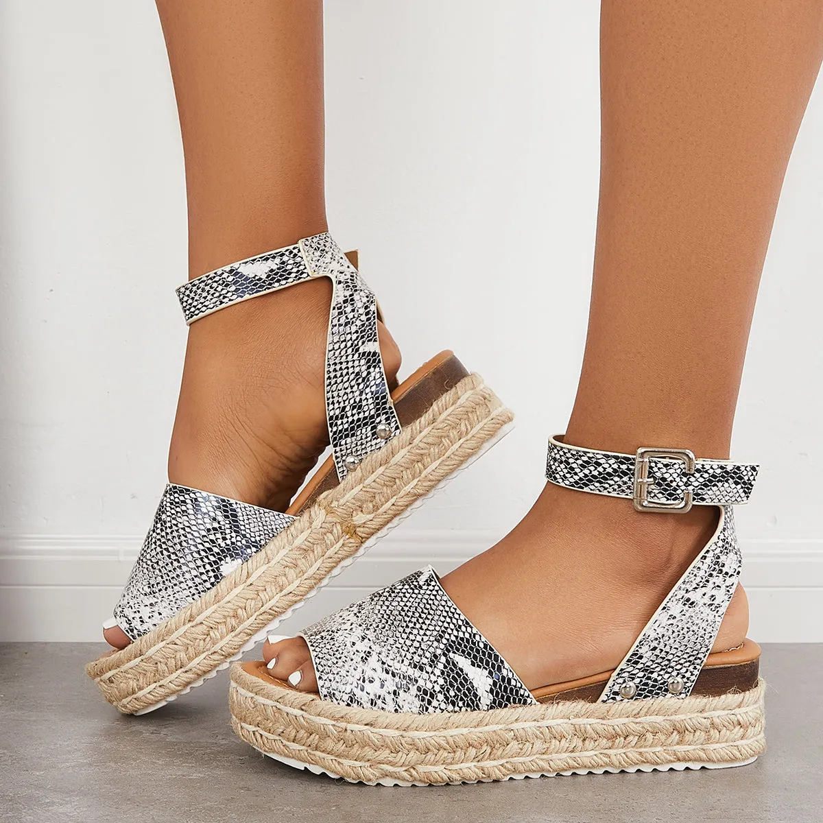 Sohiwoo Peep Toe Espadrille Platform Wedges Ankle Strap Sandals