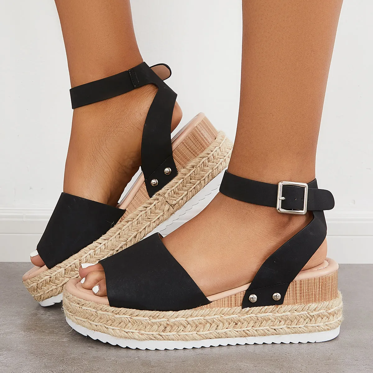 Sohiwoo Peep Toe Espadrille Platform Wedges Ankle Strap Sandals