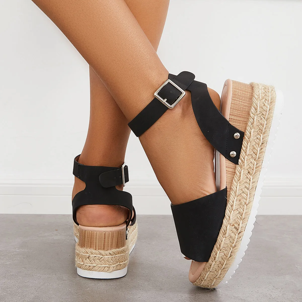 Sohiwoo Peep Toe Espadrille Platform Wedges Ankle Strap Sandals