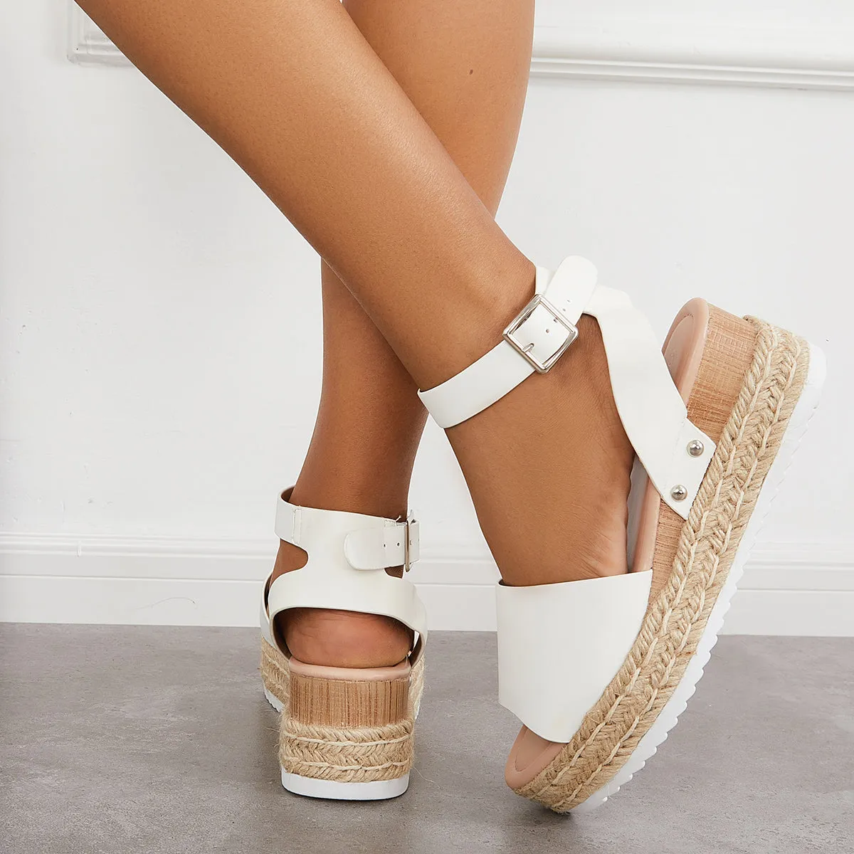 Sohiwoo Peep Toe Espadrille Platform Wedges Ankle Strap Sandals