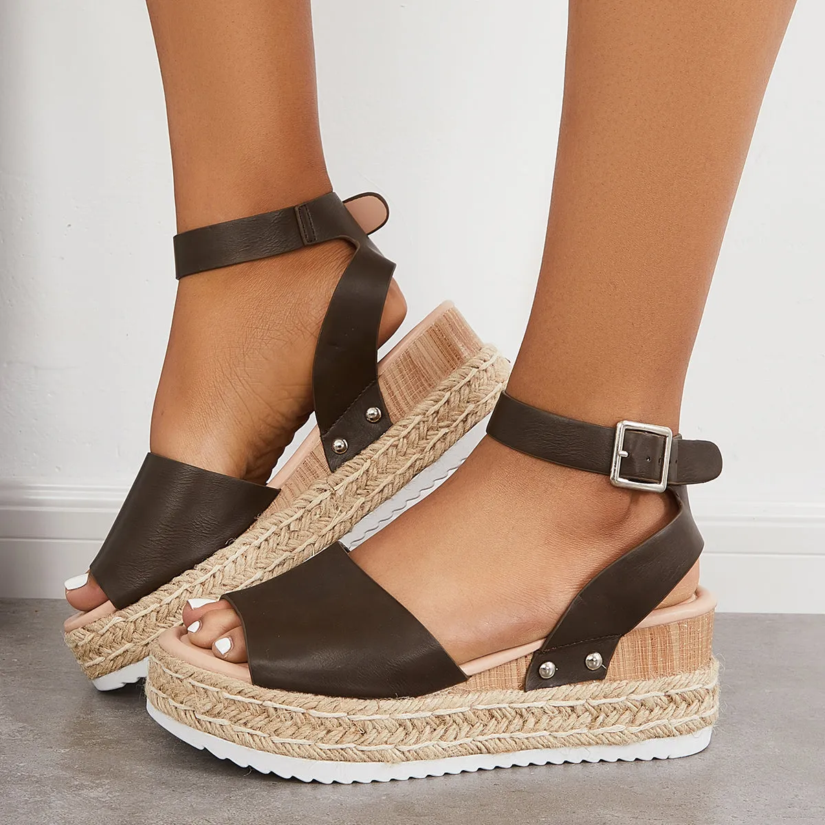 Sohiwoo Peep Toe Espadrille Platform Wedges Ankle Strap Sandals