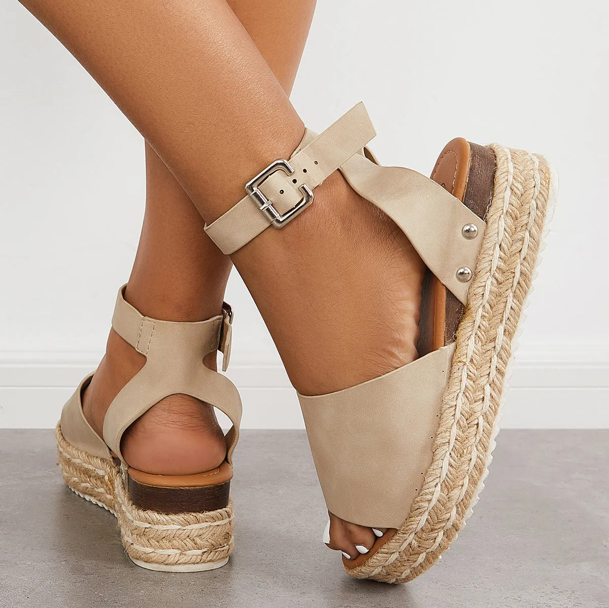 Sohiwoo Peep Toe Espadrille Platform Wedges Ankle Strap Sandals