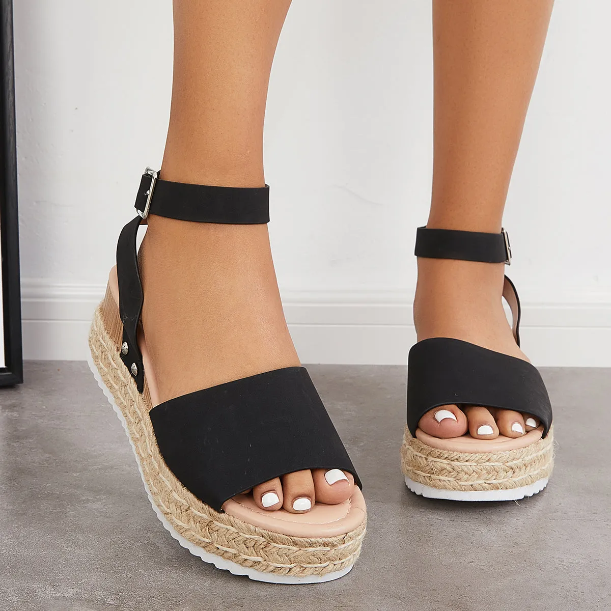 Sohiwoo Peep Toe Espadrille Platform Wedges Ankle Strap Sandals