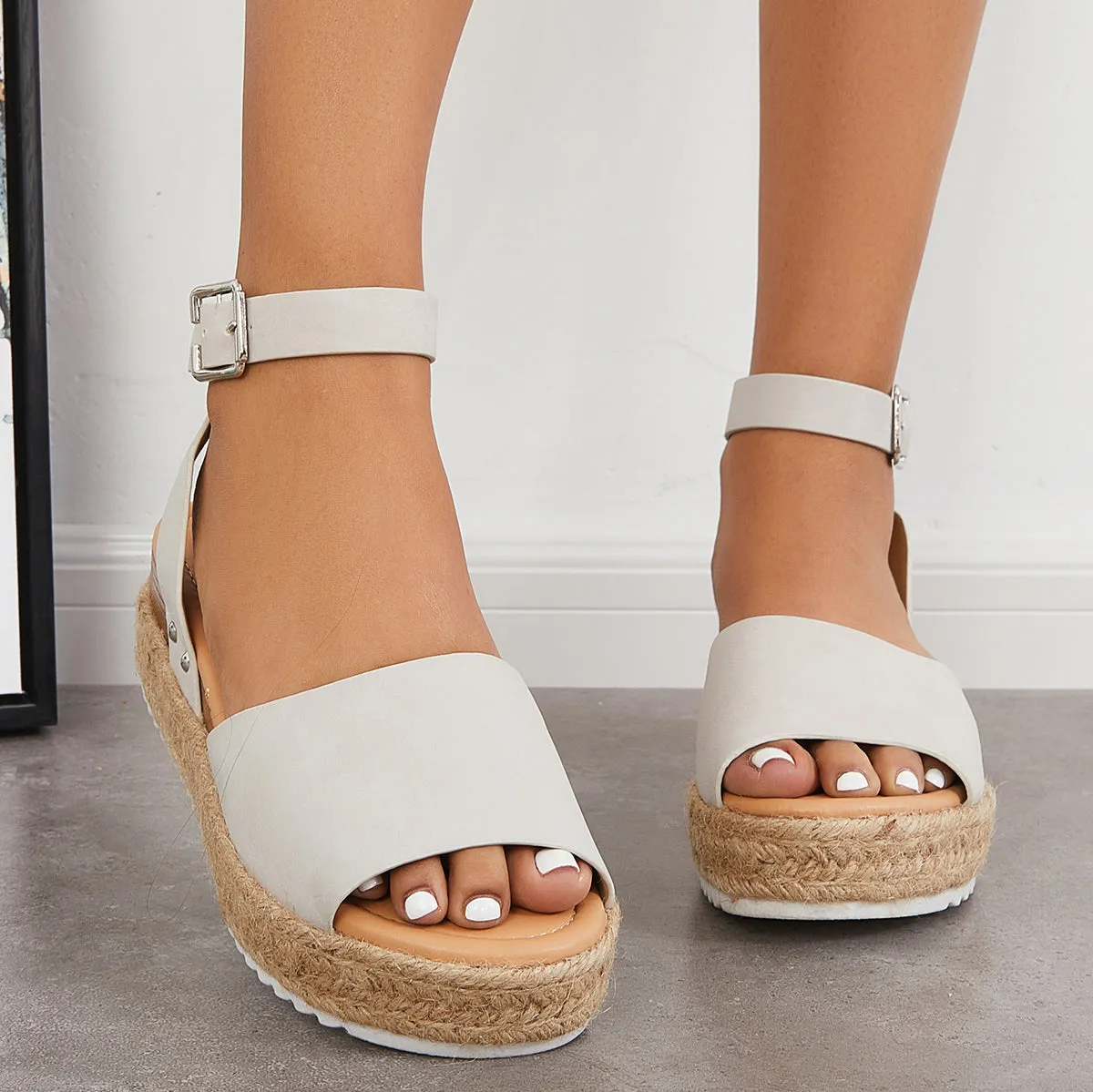 Sohiwoo Peep Toe Espadrille Platform Wedges Ankle Strap Sandals