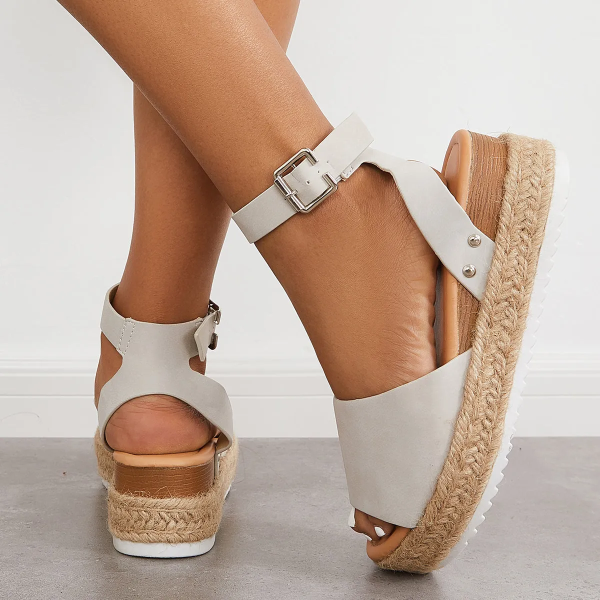 Sohiwoo Peep Toe Espadrille Platform Wedges Ankle Strap Sandals