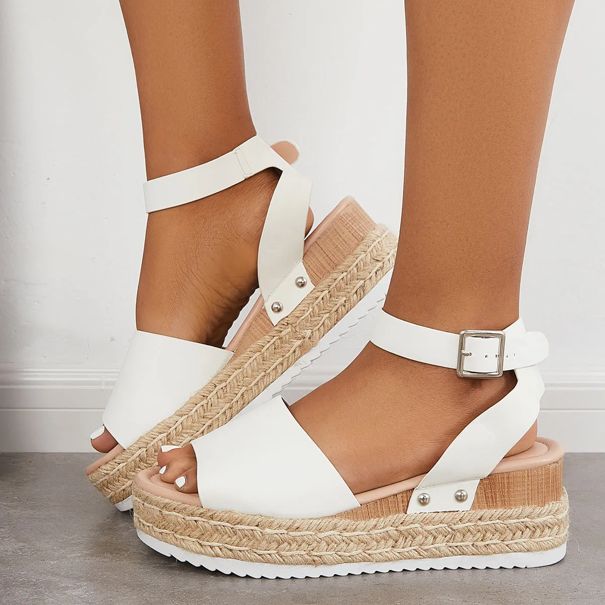 Sohiwoo Peep Toe Espadrille Platform Wedges Ankle Strap Sandals