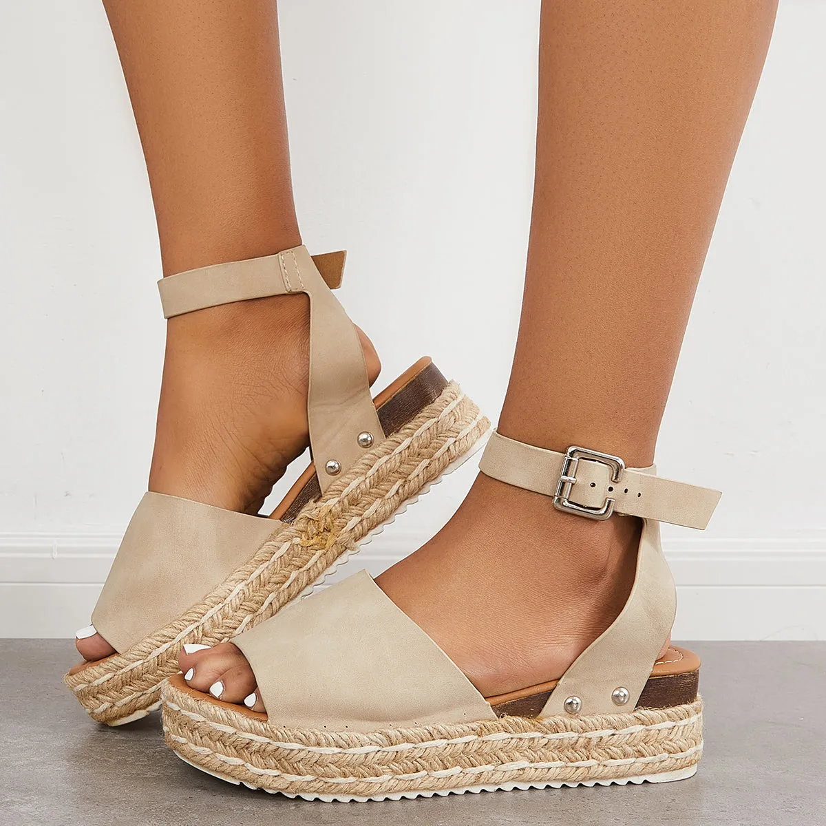 Sohiwoo Peep Toe Espadrille Platform Wedges Ankle Strap Sandals