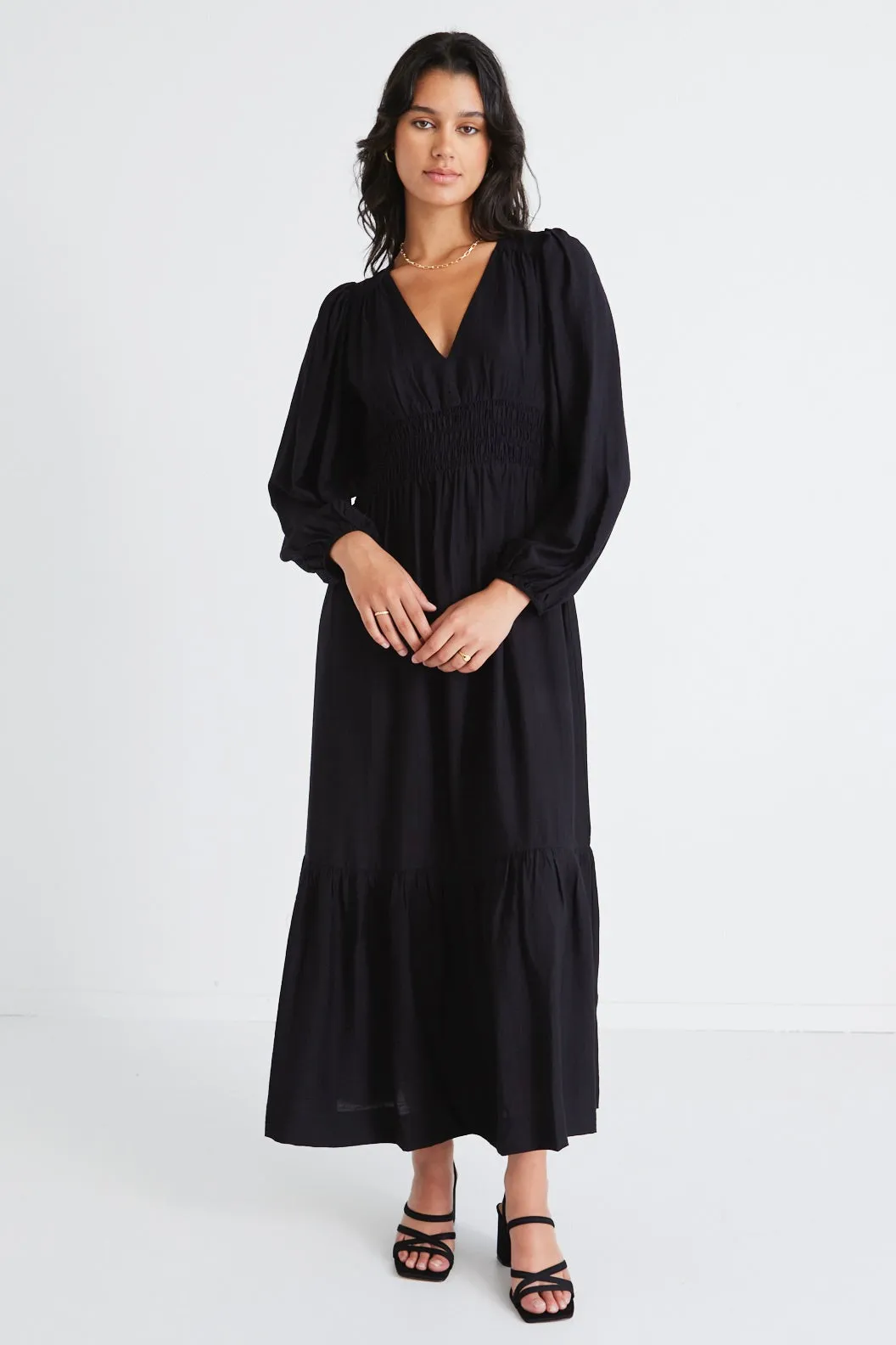 Spark Black LS Deep V Midi Dress