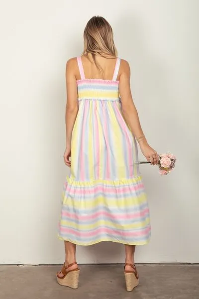 VERY J Striped Woven Smocked Midi Cami Dress