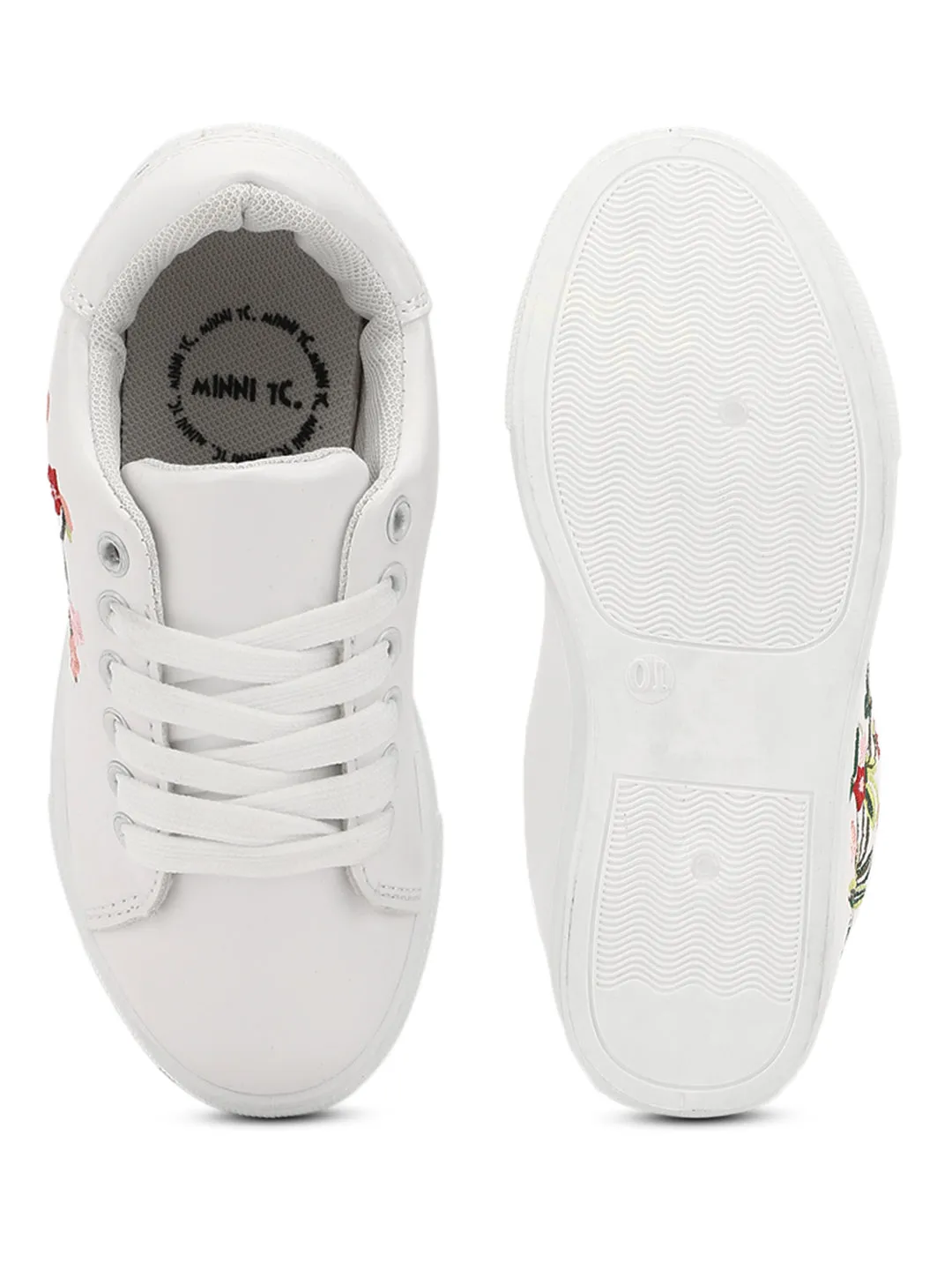 White PU Embroidered Lace-up Mini Sneakers