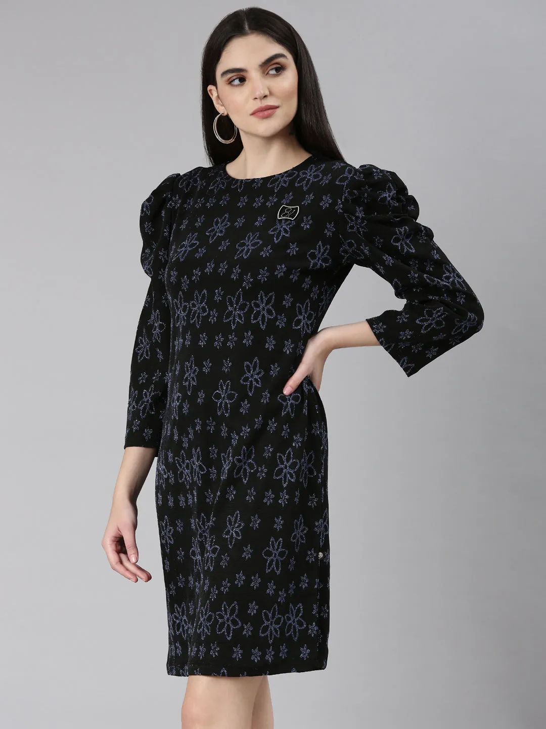 Women Black Floral A-Line Dress