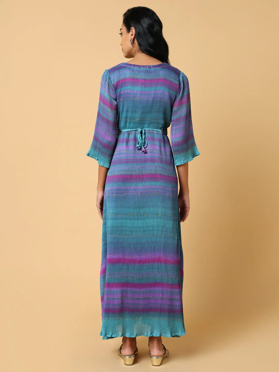 Women Dyed Green Maxi Dress with Belt