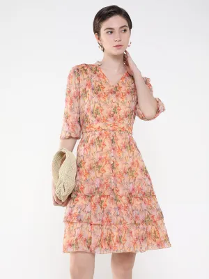 Women Floral Peach Fit and Flare Dress