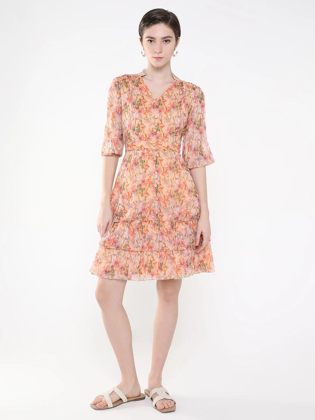 Women Floral Peach Fit and Flare Dress