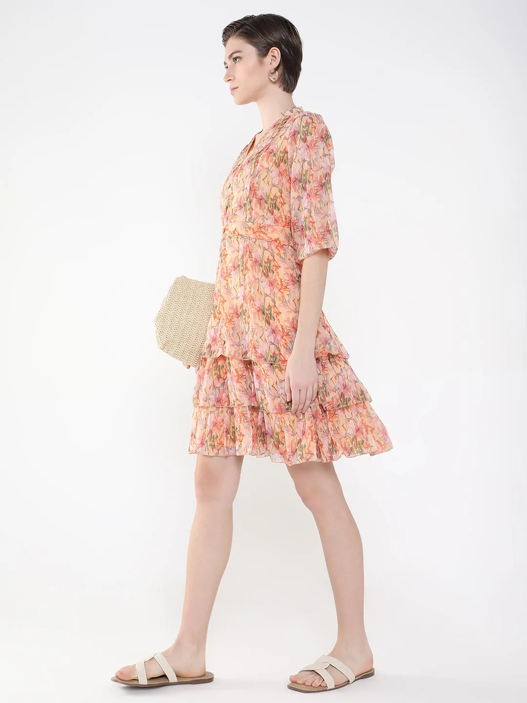 Women Floral Peach Fit and Flare Dress