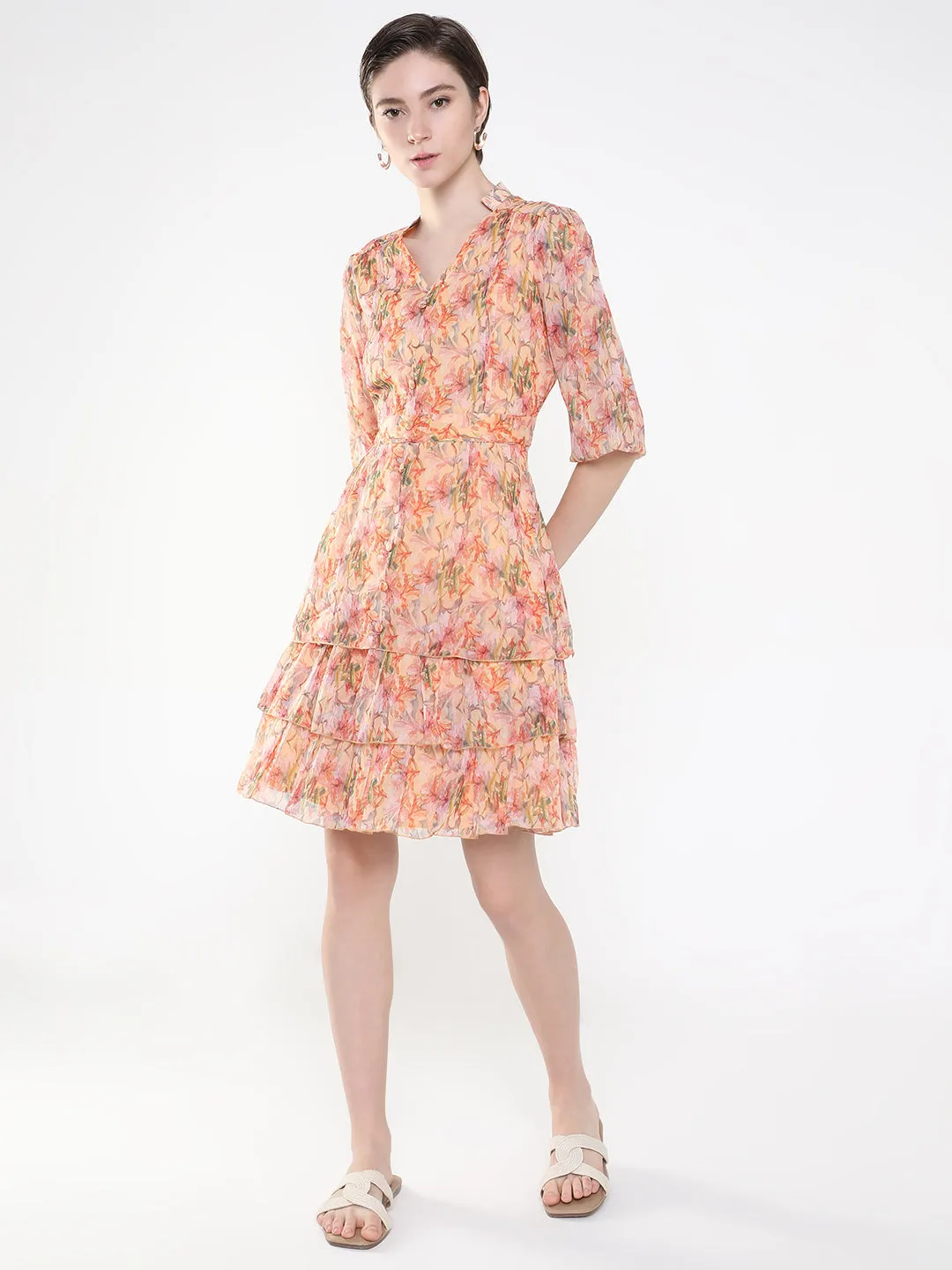 Women Floral Peach Fit and Flare Dress