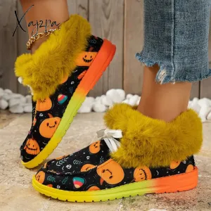 Xajzpa - Halloween Decoration Warm Fur Snow Boots for Women 2023 Flat Heels Anti-Slip Winter Ankle Boots Woman Plus Size 43 Cotton Shoes