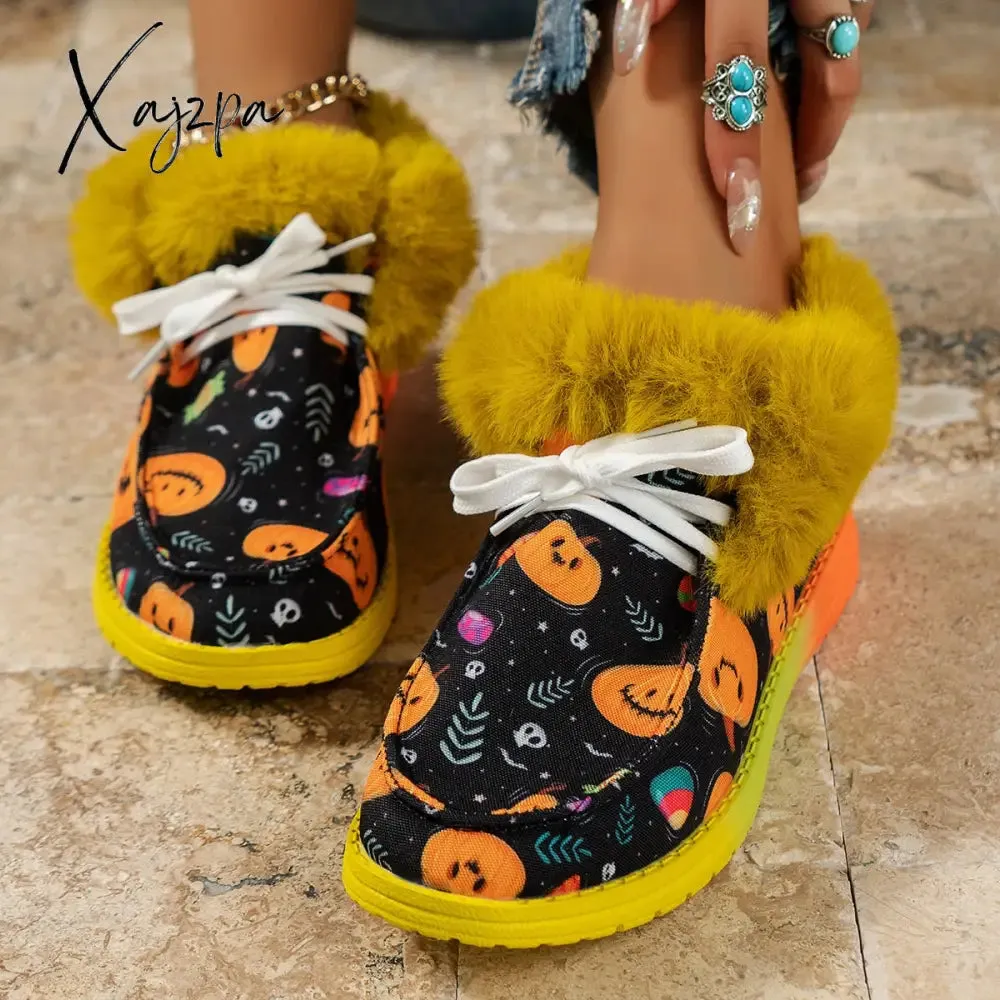 Xajzpa - Halloween Decoration Warm Fur Snow Boots for Women 2023 Flat Heels Anti-Slip Winter Ankle Boots Woman Plus Size 43 Cotton Shoes