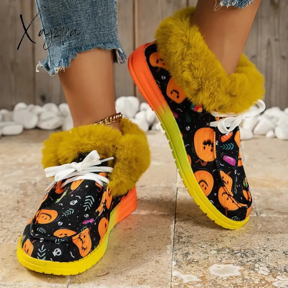 Xajzpa - Halloween Decoration Warm Fur Snow Boots for Women 2023 Flat Heels Anti-Slip Winter Ankle Boots Woman Plus Size 43 Cotton Shoes