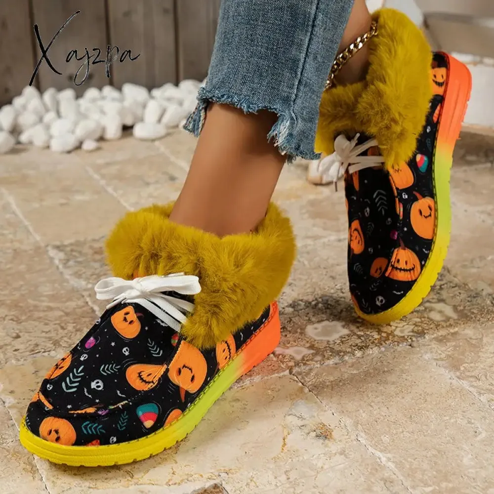 Xajzpa - Halloween Decoration Warm Fur Snow Boots for Women 2023 Flat Heels Anti-Slip Winter Ankle Boots Woman Plus Size 43 Cotton Shoes