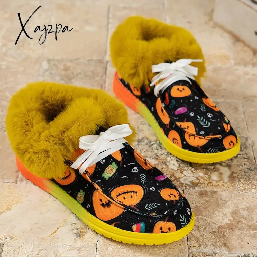 Xajzpa - Halloween Decoration Warm Fur Snow Boots for Women 2023 Flat Heels Anti-Slip Winter Ankle Boots Woman Plus Size 43 Cotton Shoes